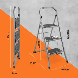 VonHaus 3 Step Ladder, Premium Quality Folding Step Ladder for DIY and Gardening, Easy to Store Step Ladders, 150KG Max Capacity