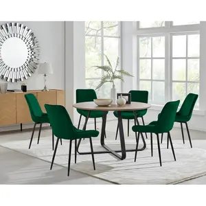 Sandy Classic Wood Effect & Metal Dining Table Set with 6 Luxury Velvet Dining Chairs Green/Black