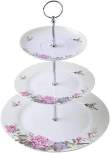 London Boutique 3 Tiered Cake Stands Afternoon tea Porcelain Bird Rose Butterfly in gift box (Beige)