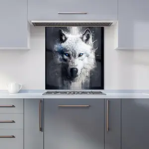 White Wolf Face Splashart Dark Backgrouns Premium Glass Kitchen Splashback W600mm x H650mm