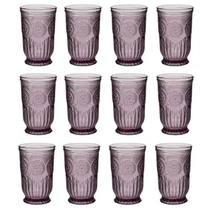 Set of 12 Luxury Embossed Purple Tall Drinking Glass Tumblers 330ml