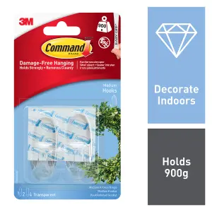 3M Command Medium Clear Hook (Holds)900g, Pack of 2