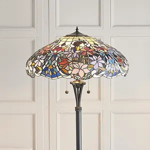 Luminosa 2 Light Floor Lamp Dark Bronze, Tiffany Glass, E27