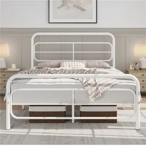 Yaheetech White 4ft6 Double Metal Bed Frame with Geometric Patterned Headboard and Footboard