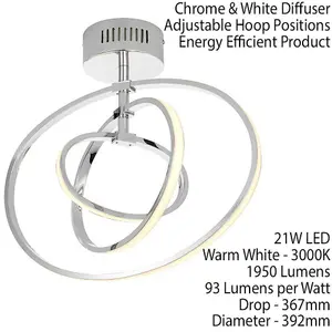 LED Semi Flush Ceiling Light 21W Warm White Chrome Hoop Ring Feature Strip Lamp