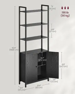 VASAGLE Bookcase with Door, 6-Tier Tall Shelf, Metal Frame, Adjustable Shelves, for Bedroom & Living Room, Ebony Black & Ink Black