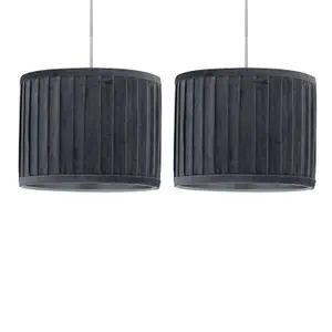 First Choice Lighting Set of 2 Sundance Grey Velvet Pleated 25cm Lamp Shades with Silver Inner