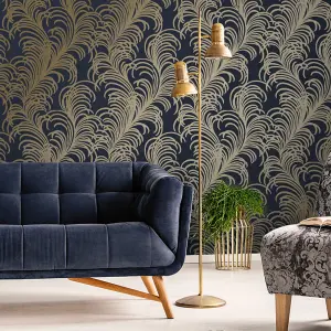 Charleston Feather Wallpaper In Navy And Gold