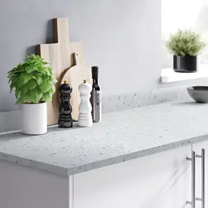 GoodHome 22mm Algiata Matt Grey Terrazzo effect Chipboard & laminate Square edge Kitchen Worktop, (L)3000mm