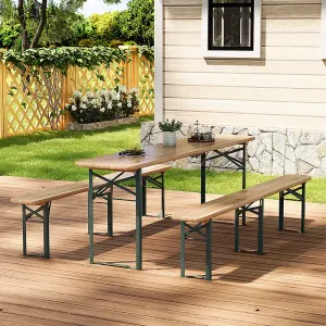 3Pcs Foldable Outdoor Patio Metal Wood Garden Table Bench Set 4 Seater 197cm