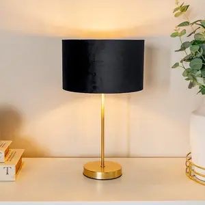 ValueLights Charles Gold Stem Table Lamp with Black Velvet with Gold Inner Lamp Shade and LED Bulb