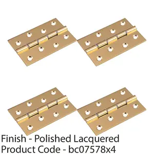 4 PACK - PAIR Double Steel Washered Brass Butt Hinge 102 x 67 Polished Brass Door Fixing