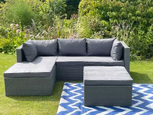 Nustone Garden Patio Rattan 3 Seat Sofa Set with Chaise Lounger and Footrest in Dark Grey