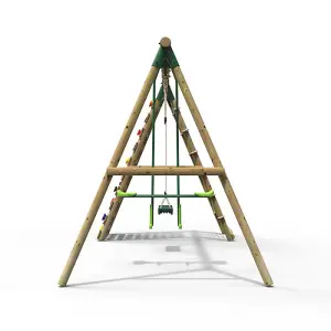 Rebo Wooden Swing Set with Up and Over Climbing Wall - Isla Green