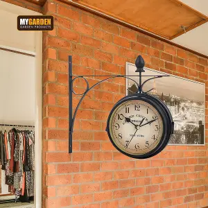 Double Sided Hanging Train Station Style Vintage Outdoor Indoor Clock