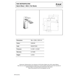 RAK Metropolitan Polished Chrome Modern Basin Cloakroom Sink Mixer Tap Solid Brass