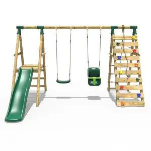 Rebo Wooden Swing Set with Deck and Slide plus Up and Over Climbing Wall - Moonstone Green