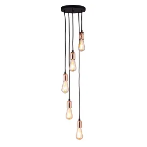 Colours Detroit Pendant Matt Steel Black Antique brass effect 5 Lamp Ceiling light