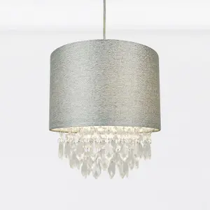 First Choice Lighting Set of 2 Sparkle Grey Faux Silk Jewelled Easy Fit Light Shades