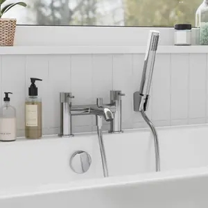 GoodHome Owens Gloss Chrome effect Deck-mounted Bath mixer tap with shower kit