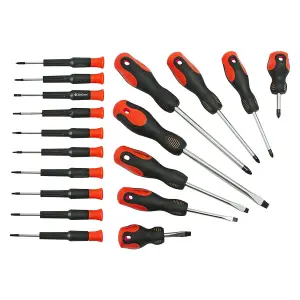 SPARES2GO 18 Piece Large and Small Precision Screwdriver Set (Phillips, Pozi, Flat, Slotted, Torx + Wall Mountable Bracket)