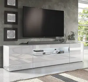 Furneo 200cm Long TV Stand Unit Cabinet Matt & High Gloss White Clifton08 White LED Lights