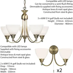 5 Lamp Ceiling & 2x Twin Wall Light Pack Antique Brass Glass Matching Fittings