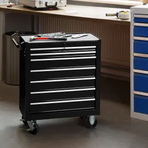 Tool Box - with wheels, 7 drawers, central locking system - black