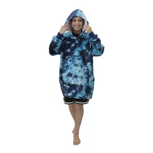 Dark Blue Oversized Tie Dye Sherpa Blanket Hoodie with Front Pocket