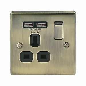 BG Antique Brass Single 13A Raised slim Switched Screwed Socket with USB, x2 & Black inserts