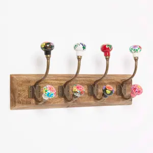 Homescapes Floral Decorative Wall Coat Rack, Wooden wall hook with Flowers