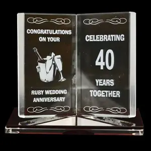 Engraved Glass Crystal Book Gift Set Poetic Inscribed Writing Ornament Message 40Th Ruby Anniversary