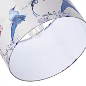 Beautifully Designed Bird Themed 30cm Drum Shade with Colourful Floral Accents