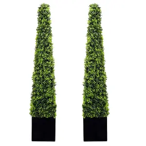 GreenBrokers 2 x Artificial Boxwood Pyramid Trees in Black Square Planter 120cm/4ft