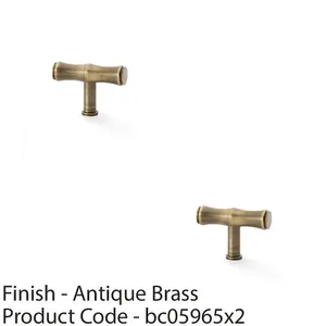 2 PACK - Bamboo T Bar Cupboard Door Knob - 55mm x 38mm - Antique Brass Unit Pull Handle