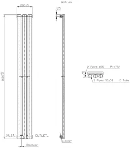 Right Radiators 1600x200 mm Vertical Single D Shape Flat Panel Designer Radiator Anthracite