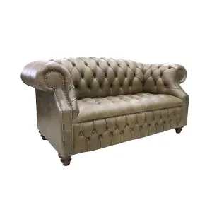 Chesterfield 2 Seater Buttoned Seat Sofa Cracked Wax Tan Leather In Buckingham Style