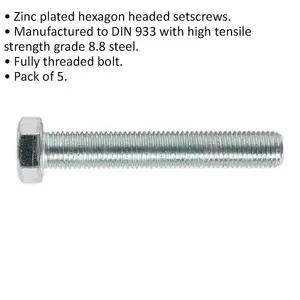 High-Quality M16 x 100mm Zinc Plated Setscrew - 5 Pack, Grade 8.8 Fully Threaded DIN 933