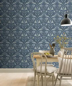 Arthouse Traditional Folk Floral Trail Denim Blue Birds Flowers Leaves Wallpaper