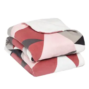 Dreamscene Geometric Shapes Fleece Throw Warm Coral Blanket, 150 x 180cm - Blush