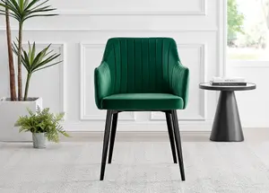 Set of 2 Calla Green Deep Padded High Arm Soft Touch Stitched Velvet Black Powder Coated Leg Dining Chairs