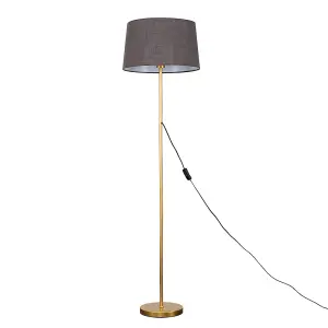 ValueLights Charles Gold Single Stem Floor Lamp with Grey Tapered Faux Linen Shade