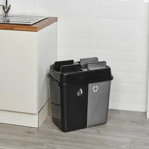 URBNLIVING 60L Duo Kitchen Bin Waste Garbage Can 2 Compartments With Bas Connectors (Black/Grey)