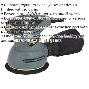 125mm Dual Action Orbital Palm Sander & Polisher - 240W 230V Compact Corded