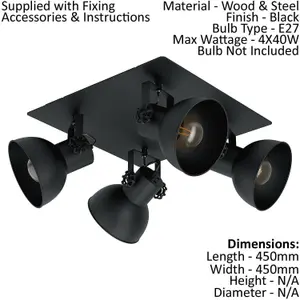 Adjustable 4 Bulb Ceiling Spotlight Black Industrial Steel Shade 40W E27