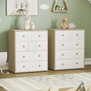 Junior Vida Neptune White & Oak 5 Drawer Chest Of Drawers Cabinet, Set of 2