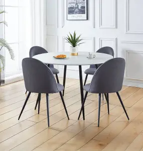 Hallowood Furniture Cullompton Large Round White Marble Effect Dining Table 120cm with 4 Curved-back Grey Fabric Chairs