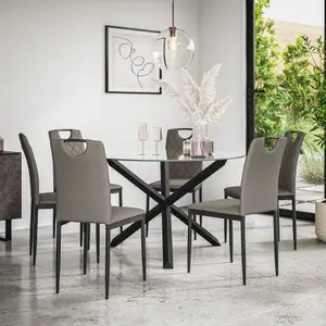 Malvern Round Dining Table And Chairs - Clear Glass Table Top w Solid Oak Black Legs + 6 Monza Faux Leather Dining Chairs (Grey)