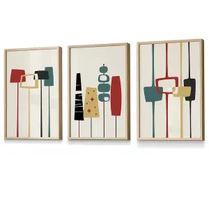 Set of 3 Framed Mid Century Modern in Teal, Red and Yellow / 30x42cm (A3) / Oak