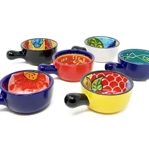 Classic Spanish Hand Painted Kitchen Dining Set of 6 Small Tapas Dishes w/ Handles (Diam) 8.5cm